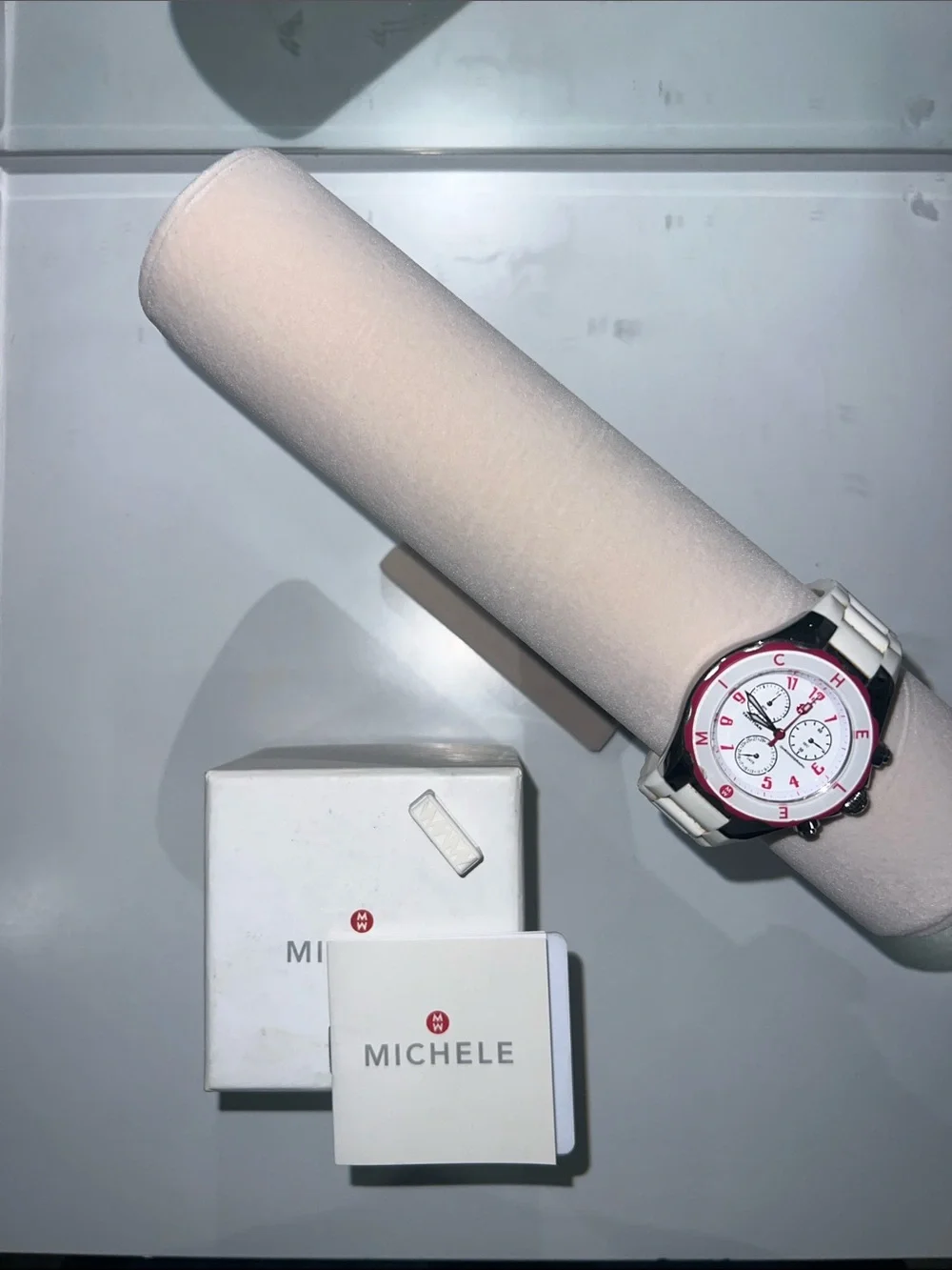 Michele White and Pink Accent Women's Chronograph Watch